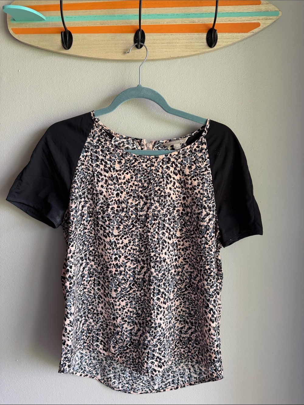 Banana Republic Pink Leopard Print Blouse with Black Raglan Sleeves